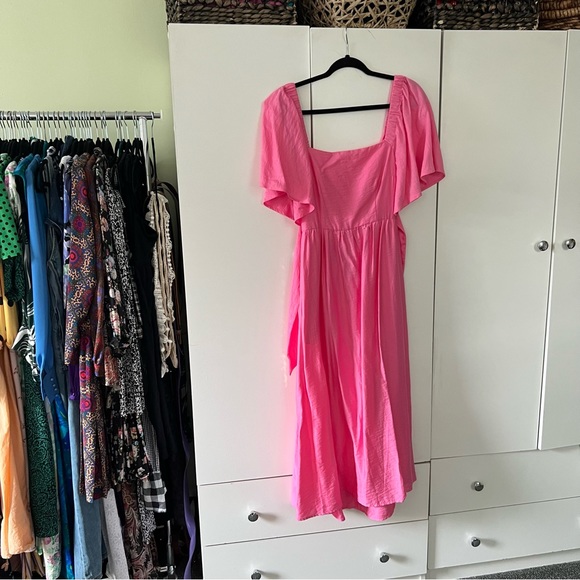 A New Day Bright Pink Midi Puff Flutter Short-Sleeve Tie-Back Ruffle Dress Sz S - Picture 11 of 16